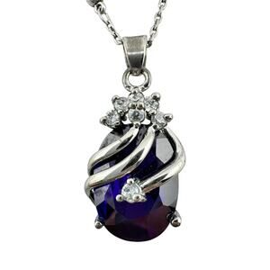 18K GP Purple Glass Oval Cubic Zirconia Cluster Accent Silver Tone 18" Necklace